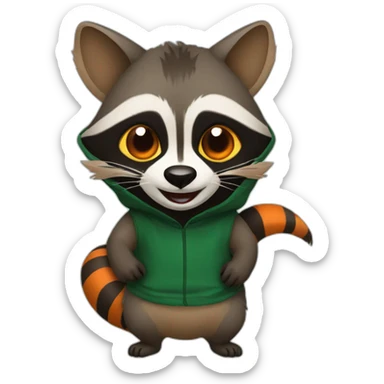 brown raccoon with orange eyes and a dark green hood that is laughing sticker