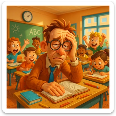 3d cartoon art of a exhausted teacher in a bustling classroom sticker