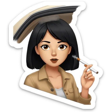 girl with black hair freckles button nose brown eyes smoking a huge blunt hanging out of a black nissan altima sticker