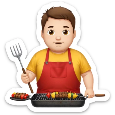 chubby man white messy hair and dirty yellow shirt and a red apron grilling bbq and skewers on a sizzling grill sticker