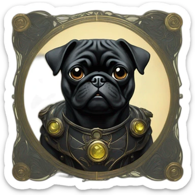 A cyberpunk black pug in Art Nouveau style during 1910 sticker