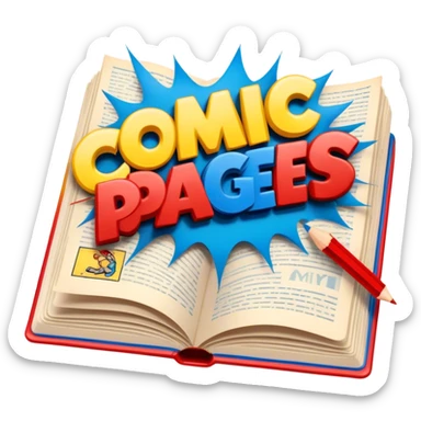 Create a vibrant emoji representing comic books and graphic novels. The design should feature a large, open comic book or vintage comic magazine with pages displaying classic comic art, with text. The comic pages should have bold, dynamic panels and action scenes. Include a pencil writing on the pages, but without a hand, to symbolize the artistic creation of comics. Use bright colors like red, blue, and yellow, with a retro feel to the design. Make the background transparent. sticker