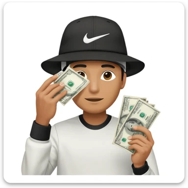 Man with money in his hand covering his face wearing a white and black hat and a Nike tech  sticker