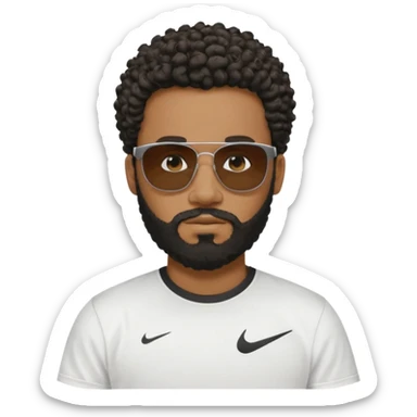 Black man with black sunglasses and curly short
 hair with a full beard and sideburns in a nike shirt sticker