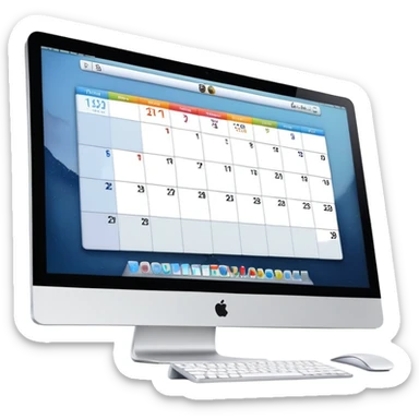 front view of an iMac with a single day-calendar on the screen, vertical hours on the left, horizontal client slots, some slots filled with color to show booked appointments sticker
