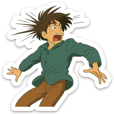 ghibli style illustration of a character reacting to sudden whiplash with dramatic motion sticker