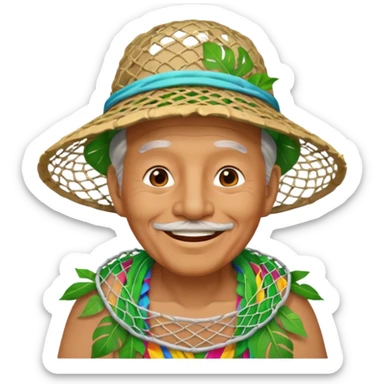 Hawaiian old man with leaf hat and big trash net and colorful cloth sticker