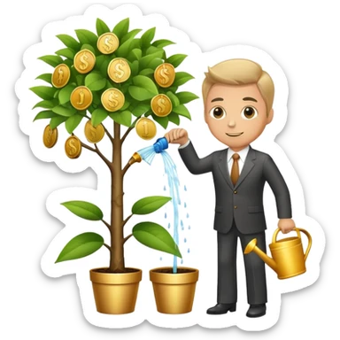 Businessman in suit watering a money tree with growing coins and dollar signs sticker
