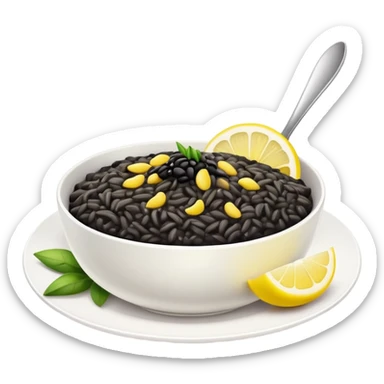 black risotto in a white bowl with a slice of lemon sticker