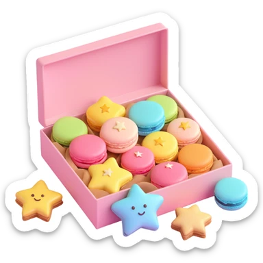a box of macarons with star-shaped cookies, playful, shiny, pastel palette, cute and whimsical, iOS 3D emoji style sticker