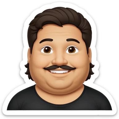 Hombre barba obeso latino piel canela, cara redonda-ancha, scruff sin barba completa, cejas gruesas, pelo oscuro ondulado flat largo hasta el cuello. Sonrisa amplia, expresión alegre. Camisa negra. Size large.  sticker