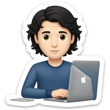 guy with wavy black hair and skin tone a little bit white, with a macbook sticker