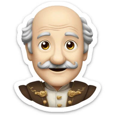 Short pudgy old man over enthusiastic happy excited face bald forehead long wavy gray and brown brunette long wavy hair moustache Shakespearean dress vintage clothes hamlet small arms sticker