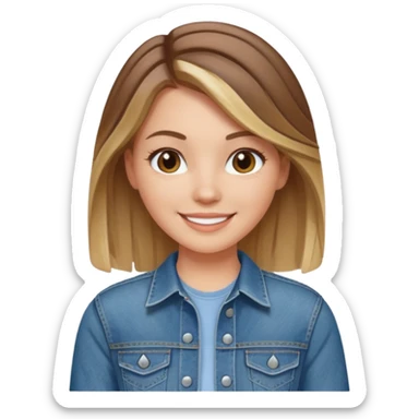 White girl with medium length brown hair with blonde highlights in denim smiles sticker