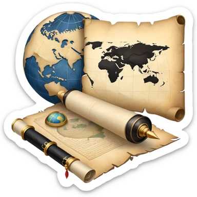 An icon featuring an ancient scroll, a quill pen, and a globe, symbolizing the study of history. The design includes a timeline with significant historical events, with ruins in the background to evoke past civilizations. Transparent background emphasizes the exploration of human history sticker