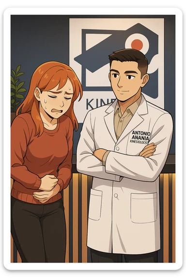 su questo stile fai un manga/webtoon a colori in cui una donna si lamenta che sta male e ha mal di pancia, l'uomo della foto in stile manga gli risponde, mantieni un ambiente simile alla foto che ho allegato con il suo logo (sarebbe il suo studio, lui è un kinesiologo), scrivigli "ANTONIO ANANIA" sul camice bianco, non mettere fumetti, ma fai in modo che sembri che la donna chiede una cosa e l'uomo risponde alla sua domanda sticker