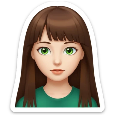 beautiful woman, straight long brown hair with bang, green eyes  sticker