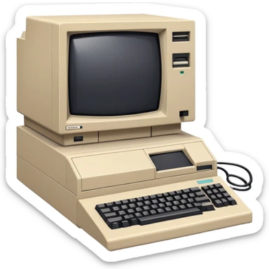 Vintage desktop computer from the 80s, bulky beige monitor with floppy disk drive, separate keyboard, nostalgic tech aesthetic sticker