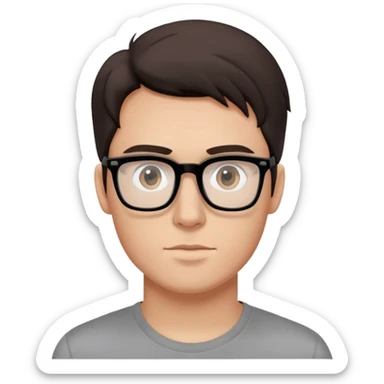 Digital illustration, inspired by Apple emojis, showcases a young Caucasian man from the shoulders up, with smooth, light peach skin and subtle shading on his face. His dark brown hair is styled neatly, and he wears black, rectangular eyeglasses reflecting a dual-colored computer screen; dressed in a gray t-shirt with a simple black graphic, the image is crisp, clean, and captures his expression and unique details in perfect focus. sticker