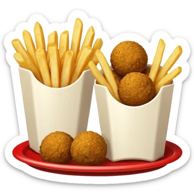 falafel and fries, with two small containers, one with red sauce and one wwhite sauce  sticker