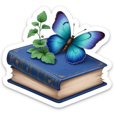 A vintage book with a worn blue cover, open to reveal pressed pansies and a resting green butterfly. sticker