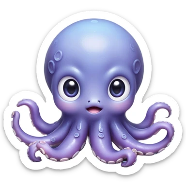 Cinematic Cute Shy Baby Octopus Portrait Emoji, Tentacles tucked slightly inward in an adorably bashful pose, featuring a softly glowing, round light blue-purple body with enormous, soulful eyes peering out timidly, Simplified yet irresistibly adorable features, highly detailed, glowing with a delicate, soothing marine radiance, high shine, quiet yet expressive, stylized with an air of gentle mystery, soft glowing outline, capturing the essence of a tiny, shy deep-sea creature that seems as if it could slowly peek out and explore the world with cautious curiosity! sticker