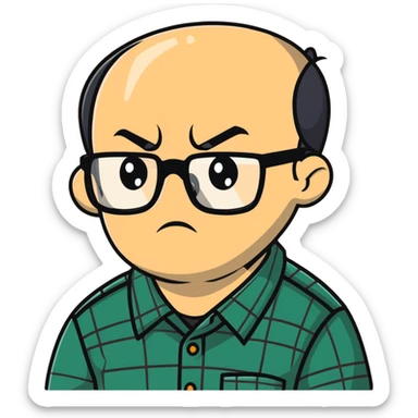A stiff, uptight person with a scowling face looking fearful, wearing glasses and checkered shirt sticker
