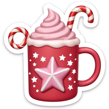 hot chocolate in red and pink pastel christmas mug with stars and candy cane, trendy aesthetic sticker