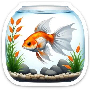 Large aquarium fish like veil tails and lionhead goldfish swimming gracefully in a beautifully decorated aquarium. Colorful aquatic plants, smooth rocks, and gentle bubbles surround the fish. The water shimmers in sunlight, creating a peaceful and vibrant underwater scene. Transparent background. sticker