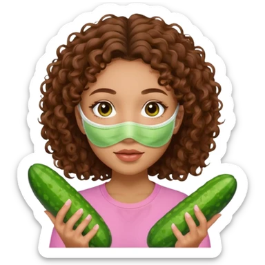 lightskin girl with green skincare facemask and cucumbers and brown curly hair and a pink shirt  sticker