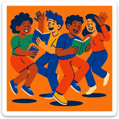 Group dance with several people dancing together while reading books, joyful and energetic, vibrant and playful style sticker
