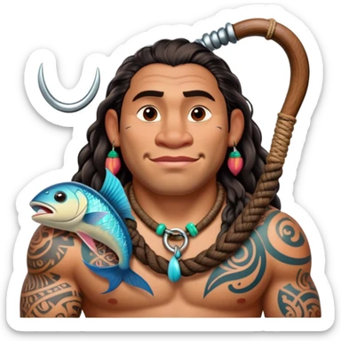 Maui character from Moana with tattoos and large fishhook sticker