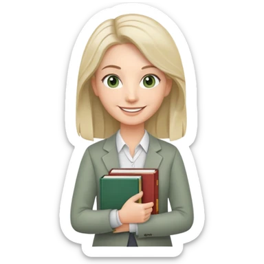 smiling English teacher with airtouch hair and grey-green eyes holding books and teaching materials sticker