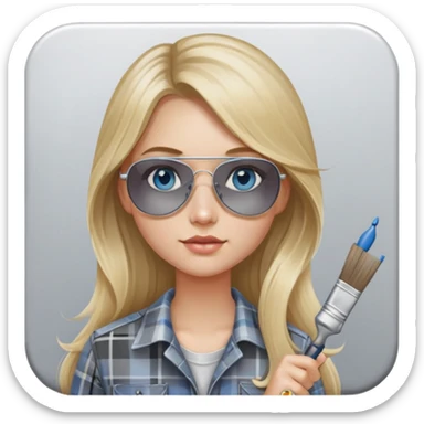 girl with long blond hair, wearing grey plaid shirt with blue eyes and aviator sunglasses wearing a ring on her silver necklace, holding a paint brush roller with a small bit of paint on her face sticker