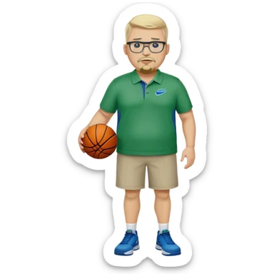 Full Body white male plus size wearing glasses with a goatee with light blonde and gray very short hair mad basketball head Coach in blue and green wearing Nike polo sticker