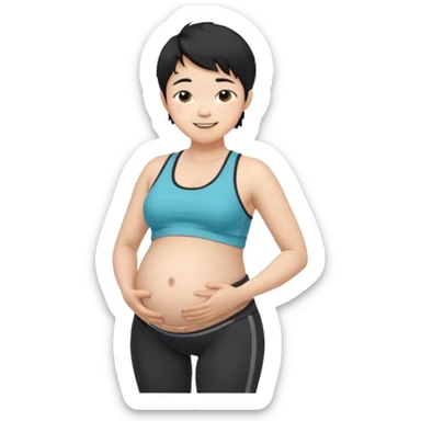 pregnant asian boy with short messy black hair wearing a sports bra with leggings holding his belly sticker