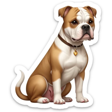 cinematic-[american bulldog]-realistic-full-body-sitting-emoji,-tail-resting-loosely-beside-its-paws,-head-tilted-dramatically,-sleek-[brown fawn]-fur,-simplified-yet-realistic-focused-features,-highly-detailed,-glowing-with-an-almost-sarcastic-glow sticker