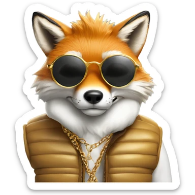 fox wearing a white puffer vest and sun glasses and a gold chain sticker