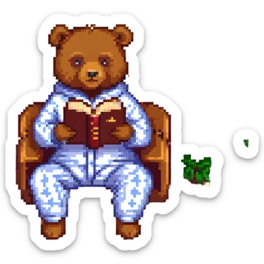 A bear in pajamas, sitting and reading a book sticker