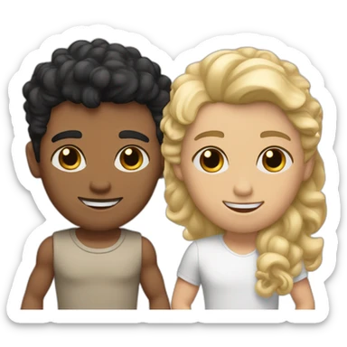 Gay couple, 1 Latino heritage taller black hair a bit muscled, the other one white Australian blonde hair curly holding hands sticker