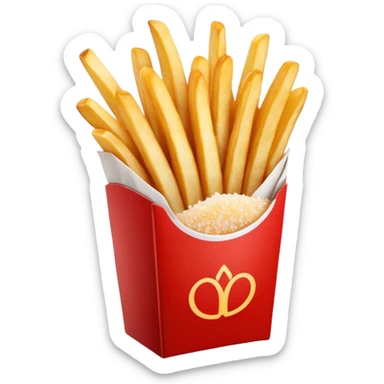Cinematic crispy golden French fries, piled high, sprinkled with salt, served in a red carton, warm and inviting, rich golden hues, perfectly crunchy and delicious. sticker