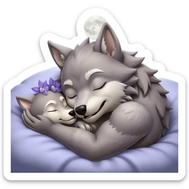 Meme-Worthy Cute Sleeping Werewolf Portrait Emoji, with a cuddly, miniature lupine form in soft moonlit grays and silvers, head resting peacefully with gently closed dreamy eyes and a small, content smile, simplified yet irresistibly endearing, highly detailed with a soft glowing outline that captures the cozy, sleepy essence of a werewolf after frolicking under the full moon! sticker