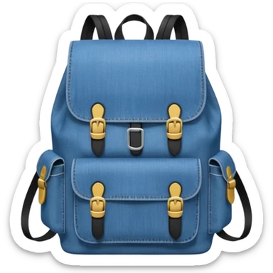 An emoji-style blue denim backpack with a flap top. Two short black buckle straps are attached only at the top flap, not extending to the bottom. The front is clean with no pockets or extended straps. The backpack has two side pockets. 


 sticker