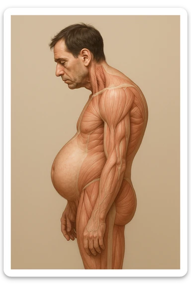 corpo UMANO ANATOMICO di profilo con spalle chiuse in avanti e pancia sporgente, postura errata, iperrealistico 4k sticker