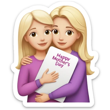 White woman with blonde hair and white woman with blonde hair, hugging with a sign that says happy Mother’s Day sticker