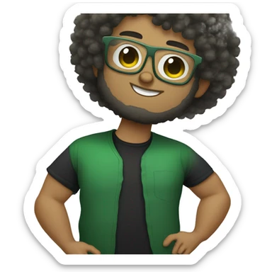 fat bearded lightskin with curly afro and glasses. give him a BLACK shirt and a little bit of freckles and give him like a green  aura sticker