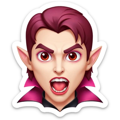 Uma vampira, com a boca aberta mostrando os caninos afiados. Olhos castanhos, cabelo com mechas vermelhas quase rosa. Rosto oval, tom de pele parda. sticker