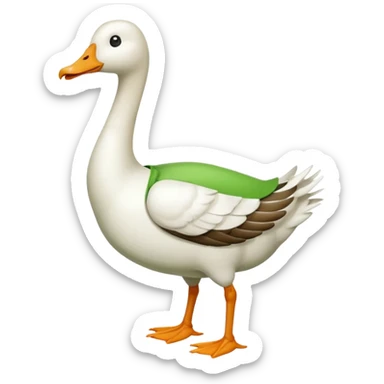 "Emoji of a white running goose with a very long neck and two legs. The goose wears bright green dungarees." sticker