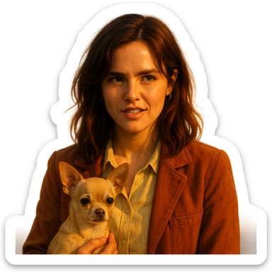portrait centré d'une femme inspirée du visage de Zoe Deutch, teint hâlé, taches de rousseur discrètes, expression rebelle et enjouée, cheveux bruns mi-longs avec reflets auburn, chemise couleur #FFF8CA, veste rouille, tenant un chihuahua beige-marron, effet golden hour, fond transparent, style série Netflix, ambiance douce et rêveuse sticker