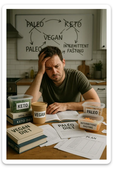 Confused man in his 30s sitting at a kitchen table cluttered with various diet books, meal plans, and food containers labeled keto, vegan, paleo, intermittent fasting. He holds his head with one hand, looking overwhelmed and frustrated. The background shows a whiteboard full of crossed-out diet names and arrows going in circles. Expression: mental fatigue, indecision, information overload. Soft lighting, slight mess to emphasize his struggle. sticker